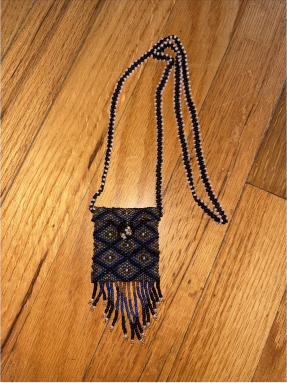 Vntg Handmade Glass Bead Medicine Necklace with Fringe - Blue, Green, & Black
